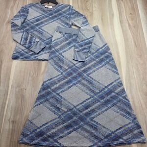 Aldo Martins Anthropologie Knit Set‎ Sweater Skirt 2 Pc Plaid Blue Tan XS Spain